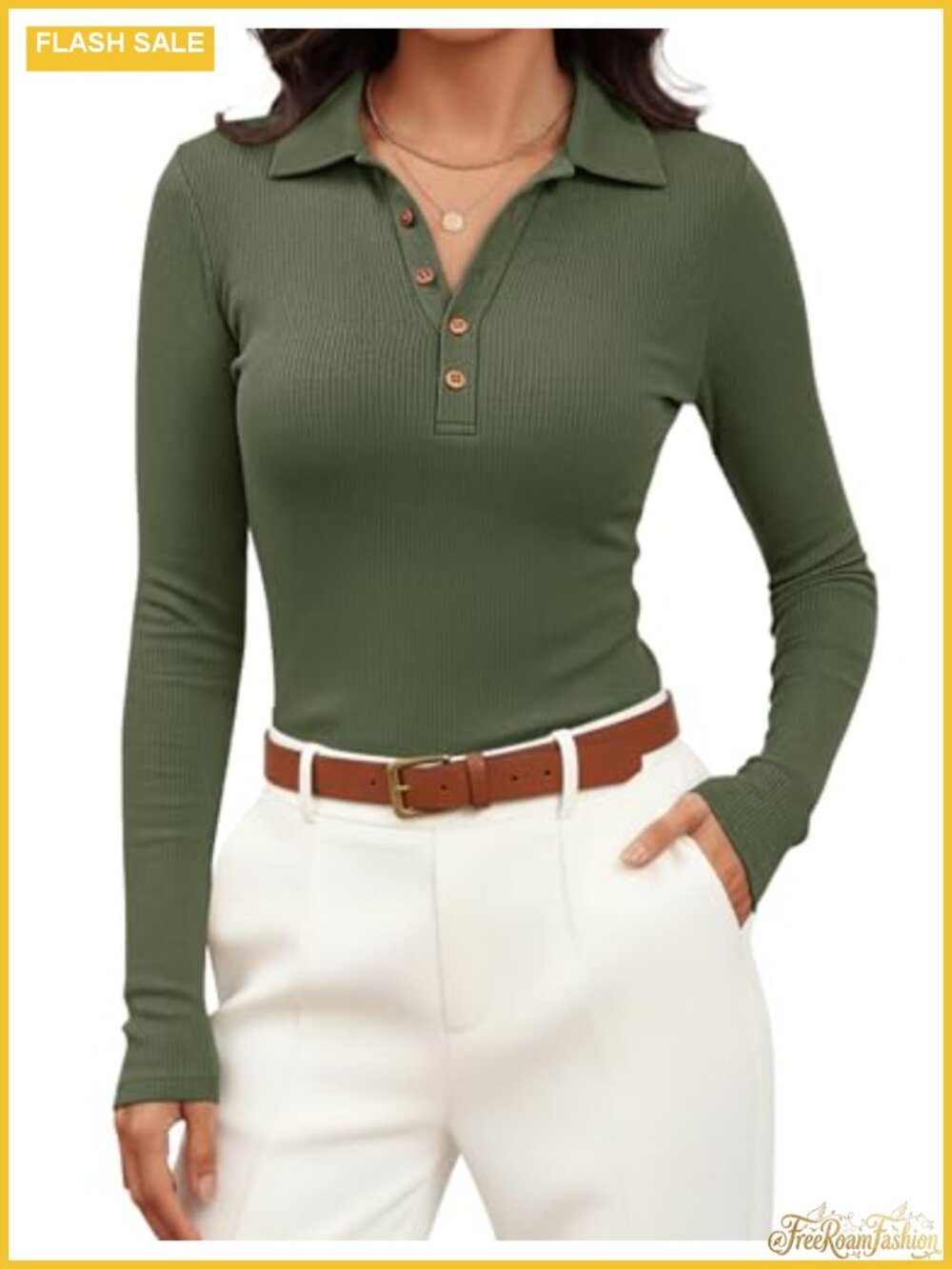 Ribbed Knit Business Casual Tops Collared V Neck Work Blouse Button Fitted Polo